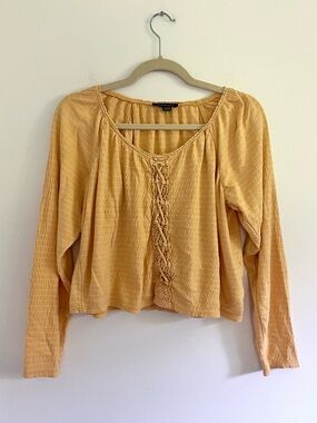 American Eagle Mustard Yellow Long Sleeve Cropped Peasant Top Boho Festival XS